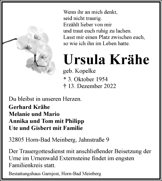 Anzeige  Ursula Krähe  Lippische Landes-Zeitung
