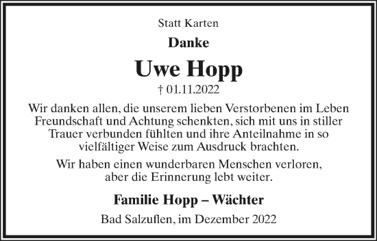 Anzeige  Uwe Hopp  Lippische Landes-Zeitung