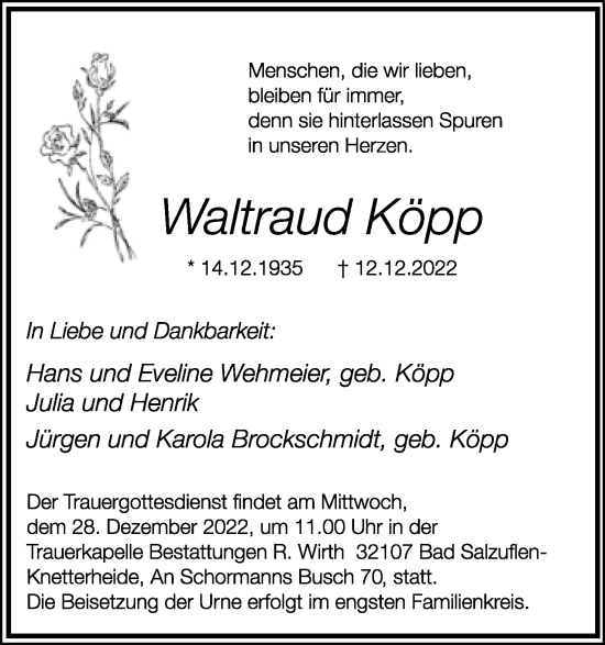 Anzeige  Waltraud Köpp  Lippische Landes-Zeitung