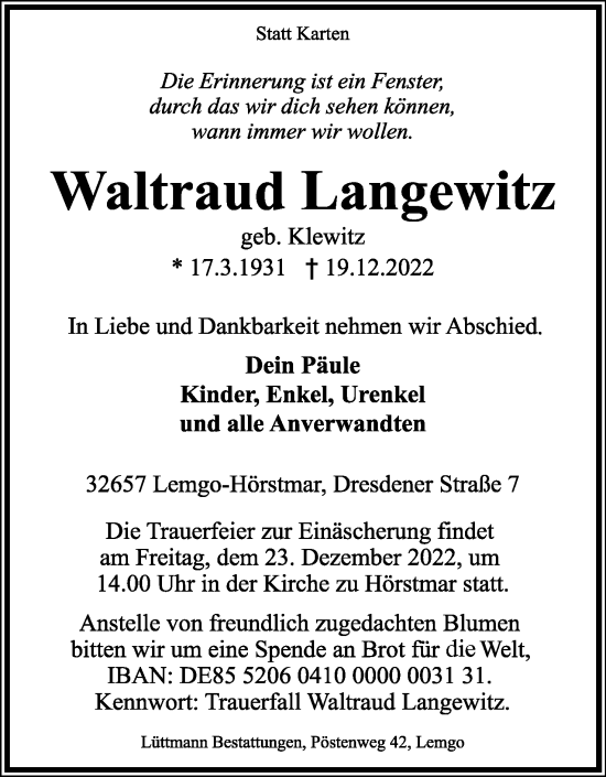 Anzeige  Waltraud Langewitz  Lippische Landes-Zeitung