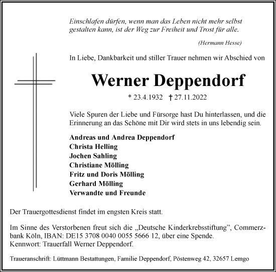 Anzeige  Werner Deppendorf  Lippische Landes-Zeitung