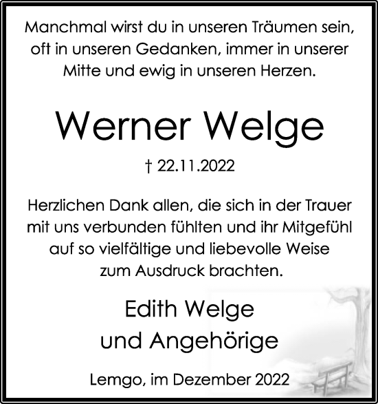 Anzeige  Werner Welge  Lippische Landes-Zeitung