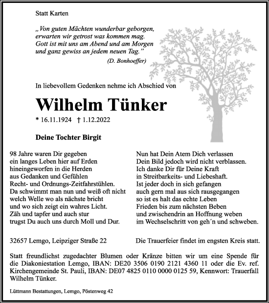 Anzeige  Wilhelm Tünker  Lippische Landes-Zeitung