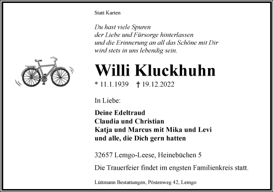 Anzeige  Willi Kluckhuhn  Lippische Landes-Zeitung