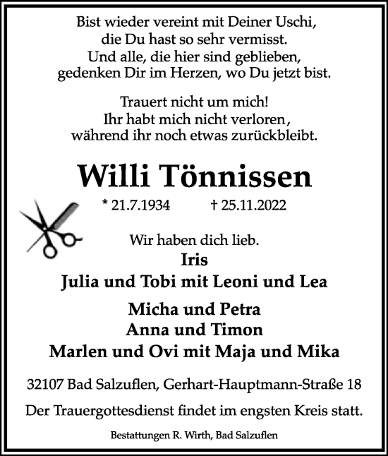 Anzeige  Willi Tönnissen  Lippische Landes-Zeitung