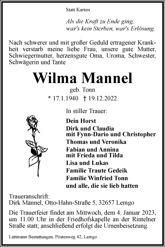 Anzeige  Wilma Mannel  Lippische Landes-Zeitung