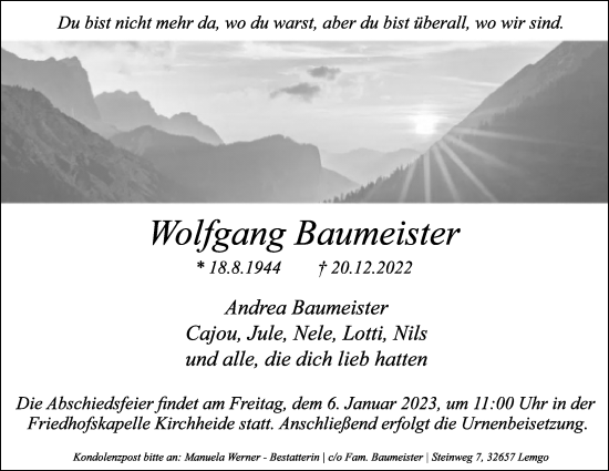 Anzeige  Wolfgang Baumeister  Lippische Landes-Zeitung