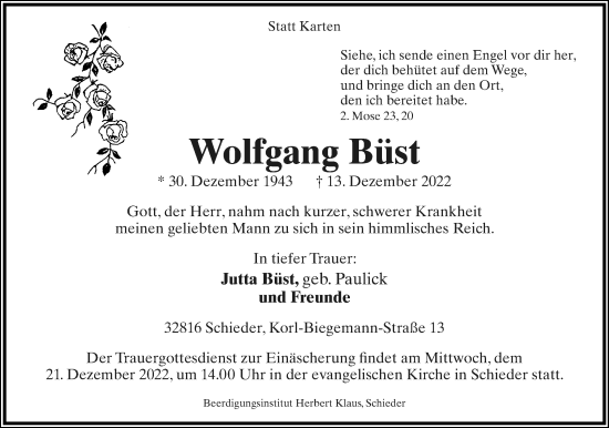 Anzeige  Wolfgang Büst  Lippische Landes-Zeitung