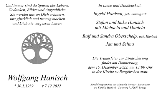 Anzeige  Wolfgang Hanisch  Lippische Landes-Zeitung