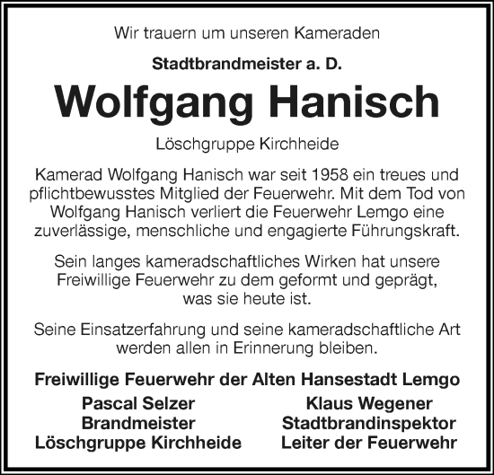 Anzeige  Wolfgang Hanisch  Lippische Landes-Zeitung
