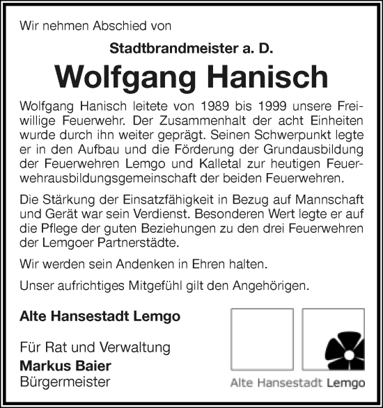 Anzeige  Wolfgang Hanisch  Lippische Landes-Zeitung