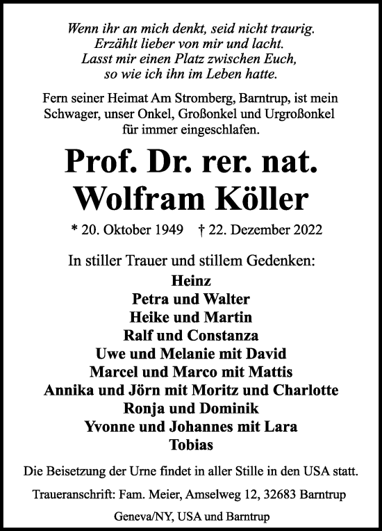 Anzeige  Wolfram Köller  Lippische Landes-Zeitung
