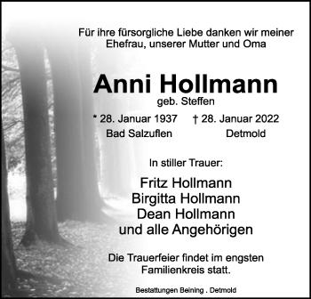 Anzeige  Anni Hollmann  Lippische Landes-Zeitung
