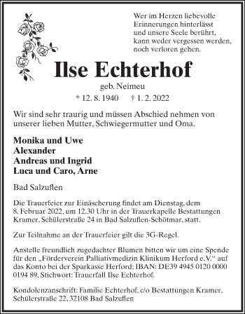 Anzeige  Ilse Echterhof   Lippische Landes-Zeitung
