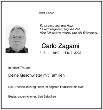 Anzeige  Carlo Zagami  Lippische Landes-Zeitung
