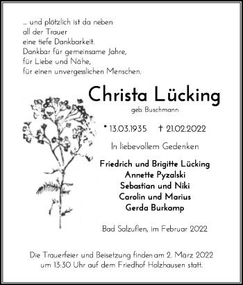 Anzeige  Christa Lücking  Lippische Landes-Zeitung