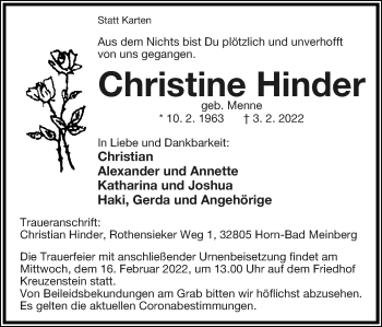 Anzeige  Christine Hinder  Lippische Landes-Zeitung