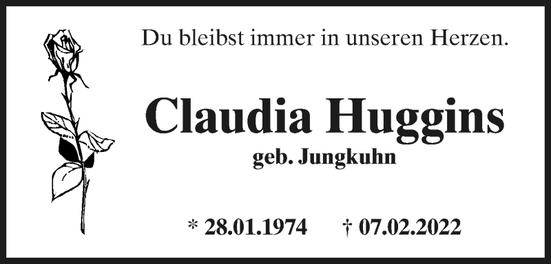  Traueranzeige für Claudia Huggins vom 26.02.2022 aus Lippische Landes-Zeitung