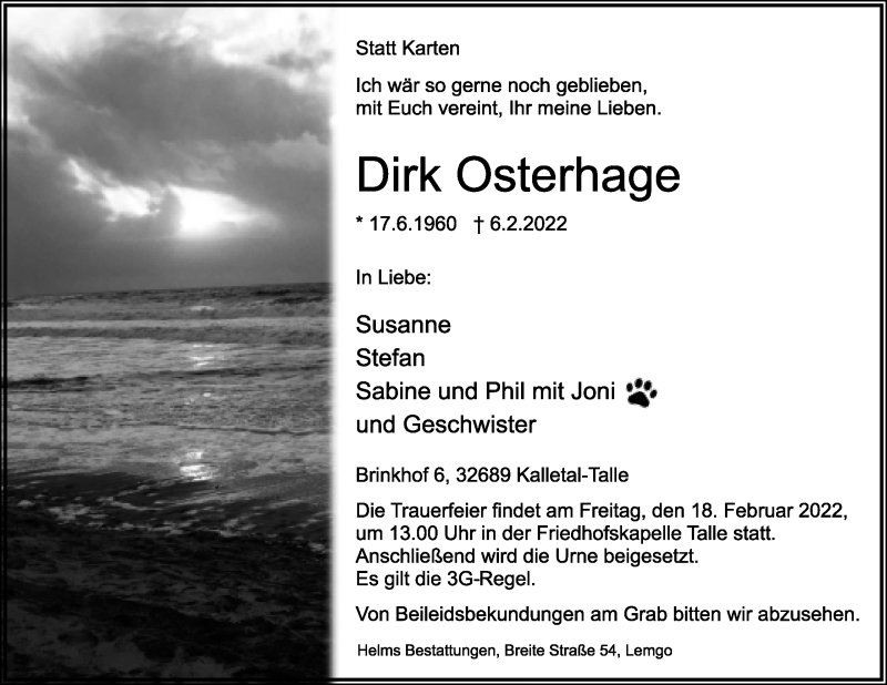  Traueranzeige für Dirk Osterhage vom 16.02.2022 aus Lippische Landes-Zeitung