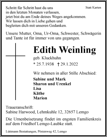 Anzeige  Edith Weinling  Lippische Landes-Zeitung