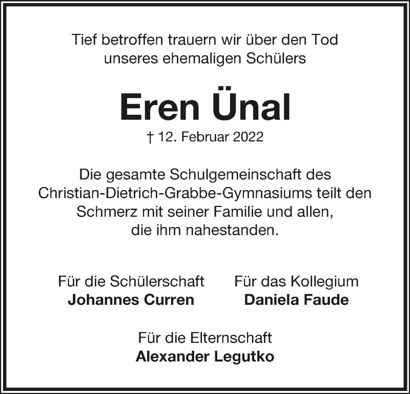  Traueranzeige für Eren Ünal vom 26.02.2022 aus Lippische Landes-Zeitung