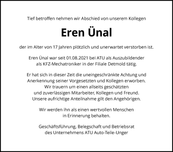 Anzeige  Eren Ünal  Lippische Landes-Zeitung