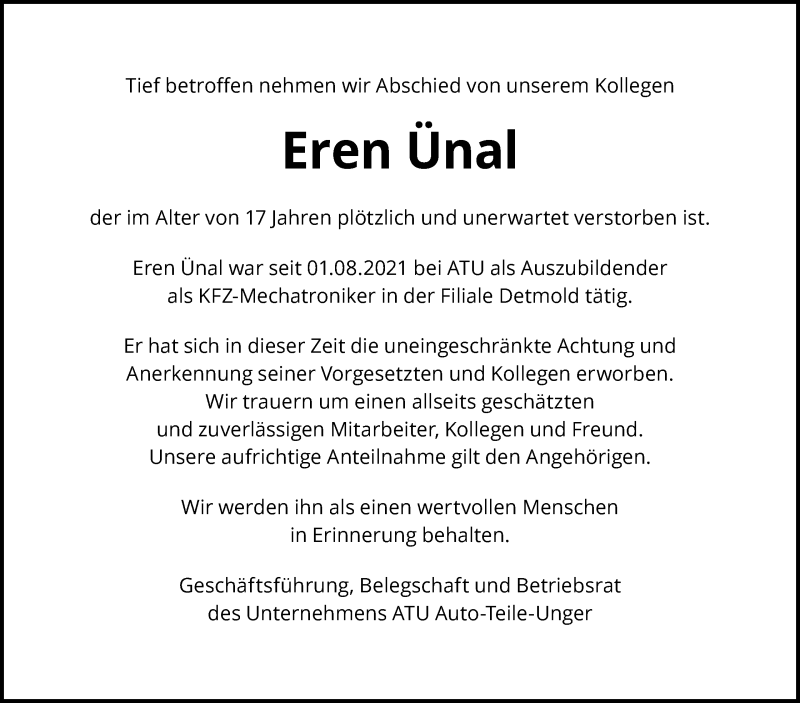  Traueranzeige für Eren Ünal vom 26.02.2022 aus Lippische Landes-Zeitung