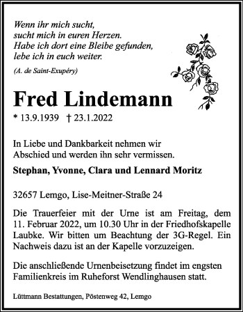 Anzeige  Fred Lindemann  Lippische Landes-Zeitung
