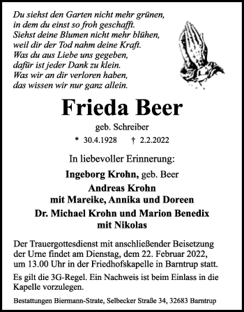 Anzeige  Frieda Beer  Lippische Landes-Zeitung