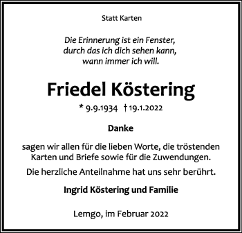 Anzeige  Friedel Köstering  Lippische Landes-Zeitung