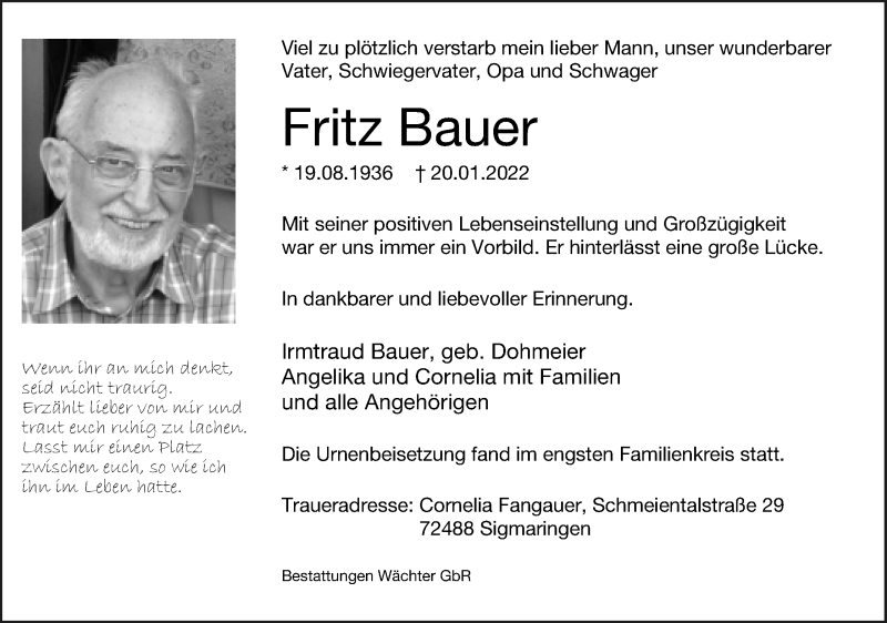  Traueranzeige für Fritz Bauer vom 12.02.2022 aus Lippische Landes-Zeitung