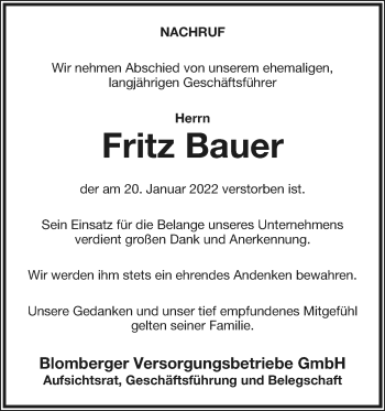 Anzeige  Fritz Bauer  Lippische Landes-Zeitung