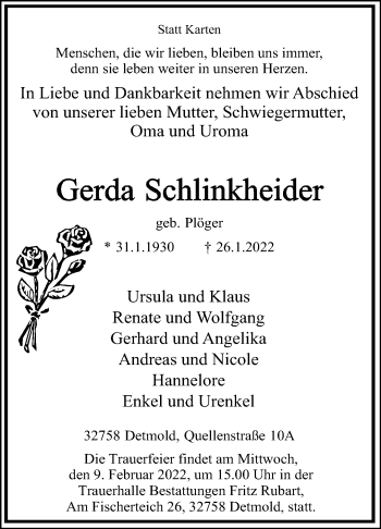 Anzeige  Gerda Schlinkheider  Lippische Landes-Zeitung