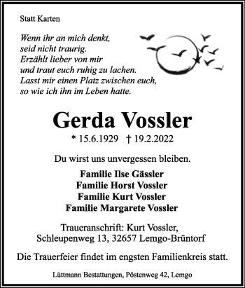 Anzeige  Gerda Vossler  Lippische Landes-Zeitung