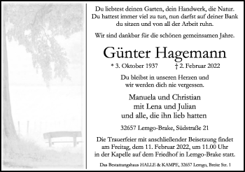 Anzeige  Günter Hagemann  Lippische Landes-Zeitung