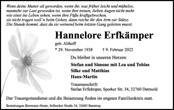 Anzeige  Hannelore Erfkämper  Lippische Landes-Zeitung