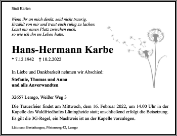 Anzeige  Hans-Hermann Karbe  Lippische Landes-Zeitung