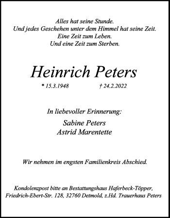 Anzeige  Heinrich Peters  Lippische Landes-Zeitung