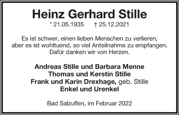 Anzeige  Heinz Gerhard Stille  Lippische Landes-Zeitung
