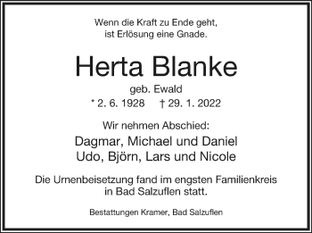 Anzeige  Herta Blanke  Lippische Landes-Zeitung