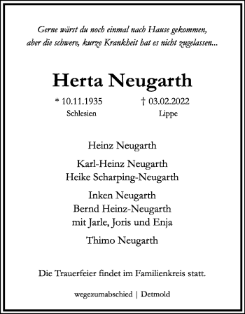 Anzeige  Herta Neugarth  Lippische Landes-Zeitung