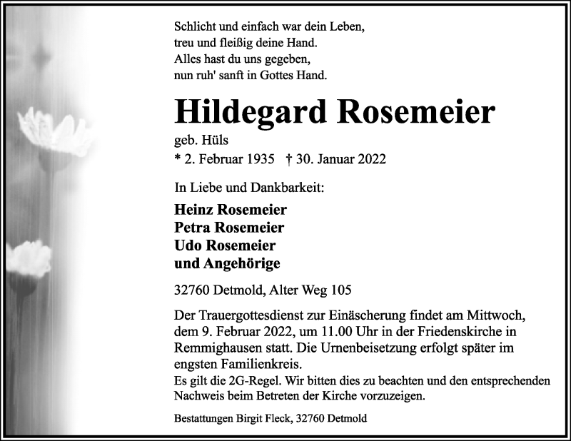  Traueranzeige für Hildegard Rosemeier vom 05.02.2022 aus Lippische Landes-Zeitung