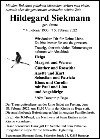 Anzeige  Hildegard Siekmann  Lippische Landes-Zeitung