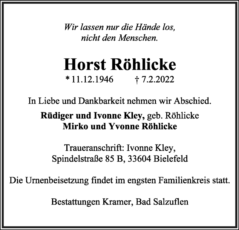  Traueranzeige für Horst Röhlicke vom 12.02.2022 aus Lippische Landes-Zeitung