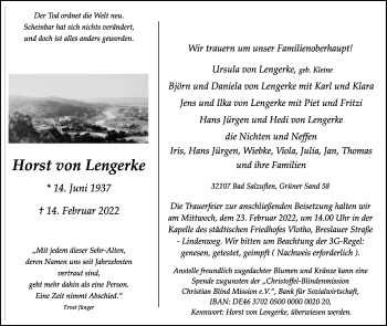 Anzeige  Horst von Lengerke  Lippische Landes-Zeitung