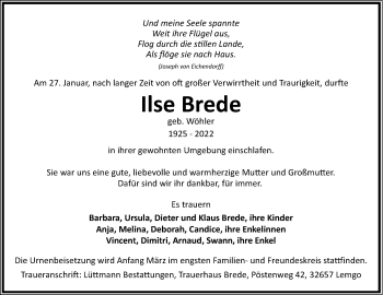 Anzeige  Ilse Brede  Lippische Landes-Zeitung