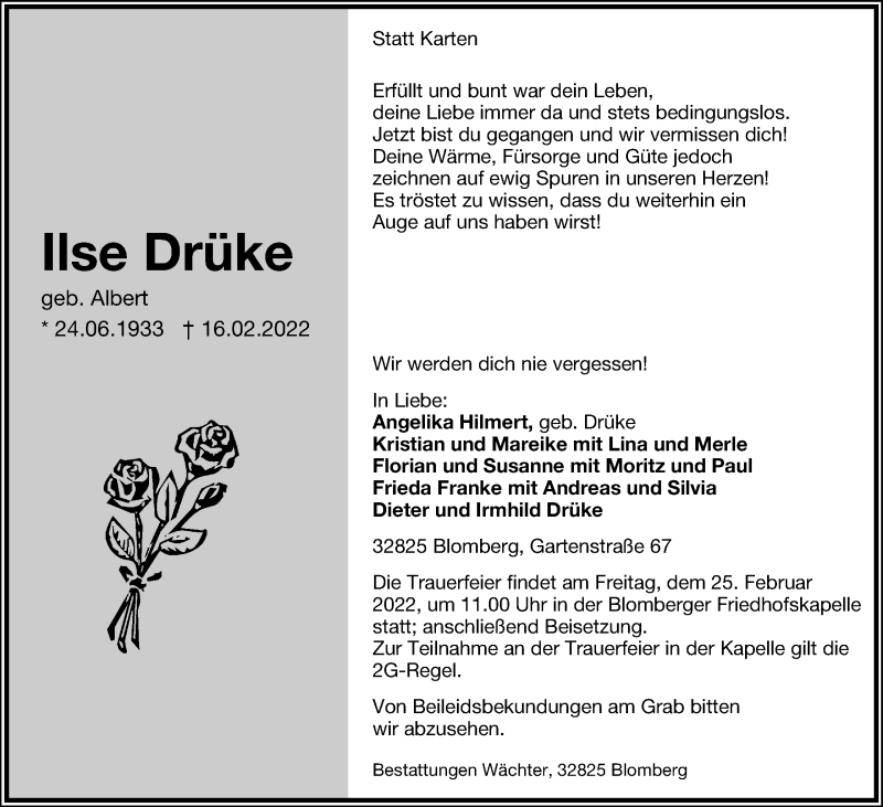  Traueranzeige für Ilse Drüke vom 19.02.2022 aus Lippische Landes-Zeitung