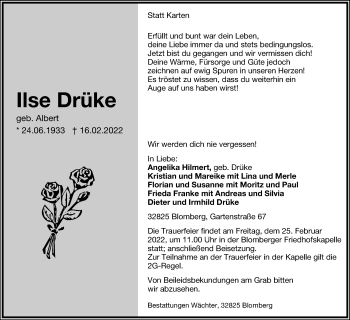 Anzeige  Ilse Drüke  Lippische Landes-Zeitung