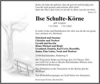 Anzeige  Ilse Schulte-Körne  Lippische Landes-Zeitung