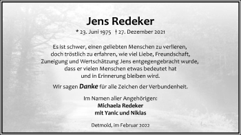 Anzeige  Jens Redeker  Lippische Landes-Zeitung